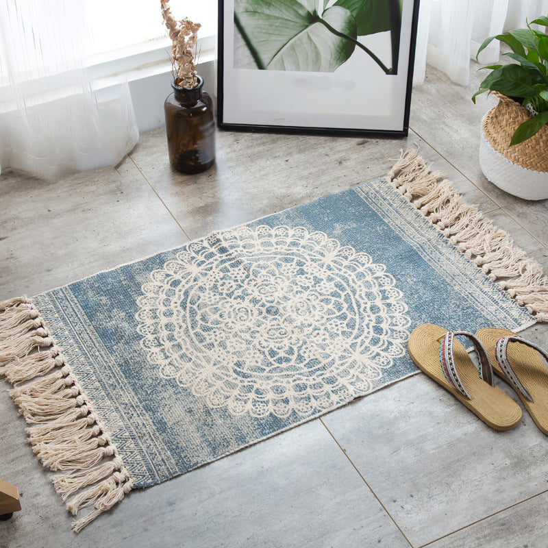 Blue Bohemian Area Rug Cotton Americana Pattern Carpet Fringe Indoor Rug for Bedroom