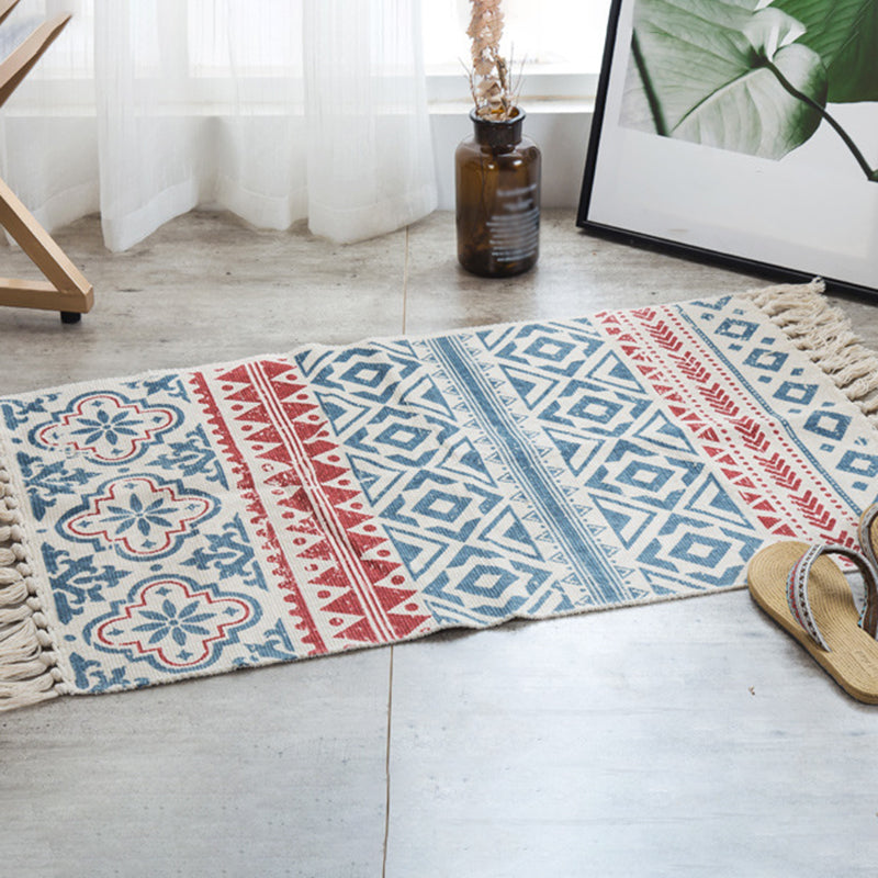 Blue Bohemian Area Rug Cotton Americana Pattern Carpet Fringe Indoor Rug for Bedroom