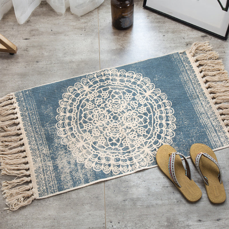 Blue Bohemian Area Rug Cotton Americana Pattern Carpet Fringe Indoor Rug for Bedroom