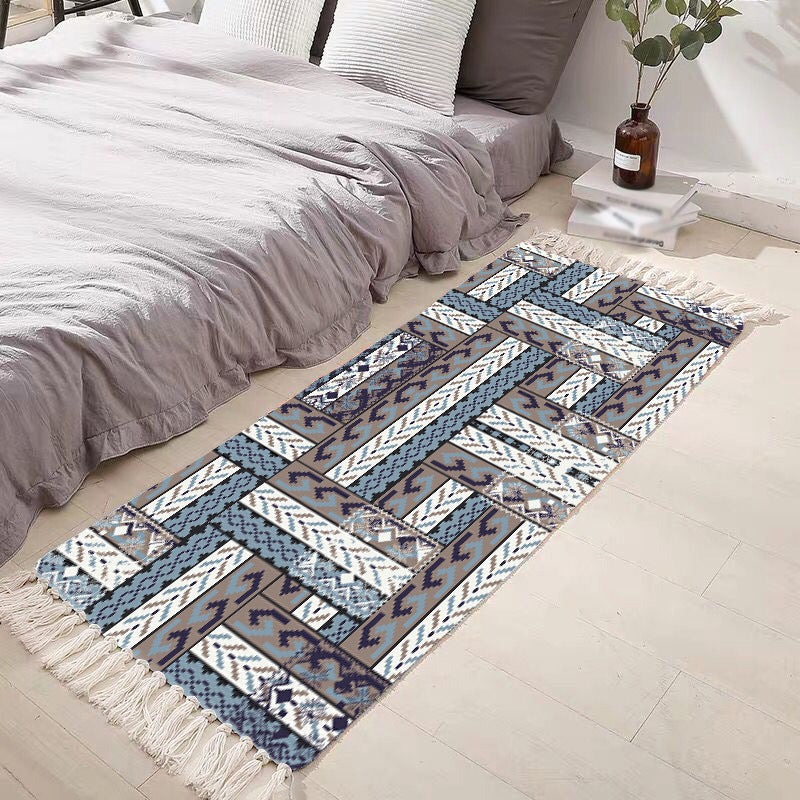 Black Bohemian Carpet Polyester Americana Print Rug Fringe Area Rug for Bedroom