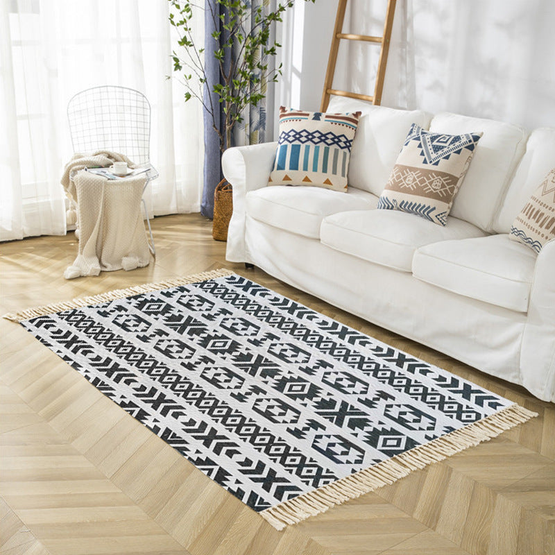 Black Bohemian Carpet Polyester Americana Print Rug Fringe Area Rug for Bedroom