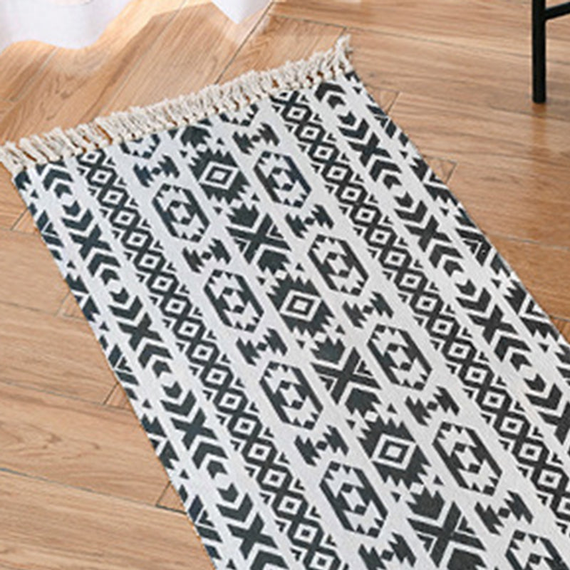 Black Bohemian Carpet Polyester Americana Print Rug Fringe Area Rug for Bedroom