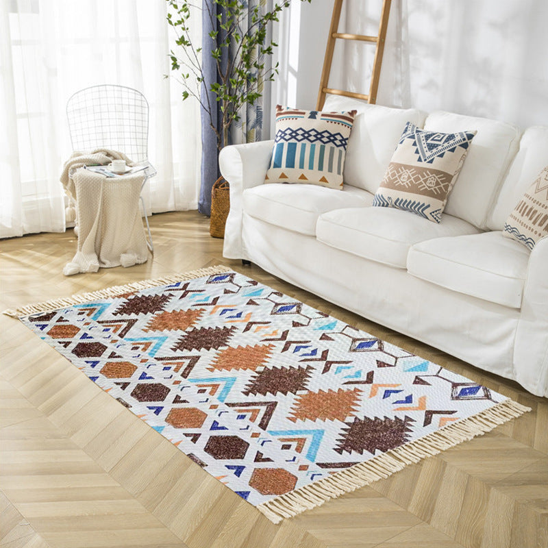 Stylish Beige Bohemian Area Rug Polyester Americana Pattern Carpet Fringe Indoor Rug for Living Room