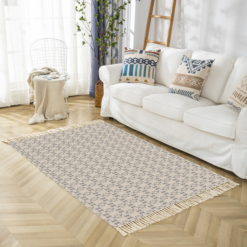 Stylish Beige Bohemian Area Rug Polyester Americana Pattern Carpet Fringe Indoor Rug for Living Room