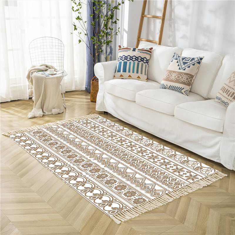 Stylish Beige Bohemian Area Rug Polyester Americana Pattern Carpet Fringe Indoor Rug for Living Room