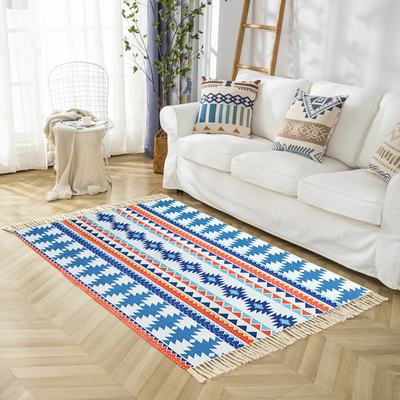 Stylish Beige Bohemian Area Rug Polyester Americana Pattern Carpet Fringe Indoor Rug for Living Room