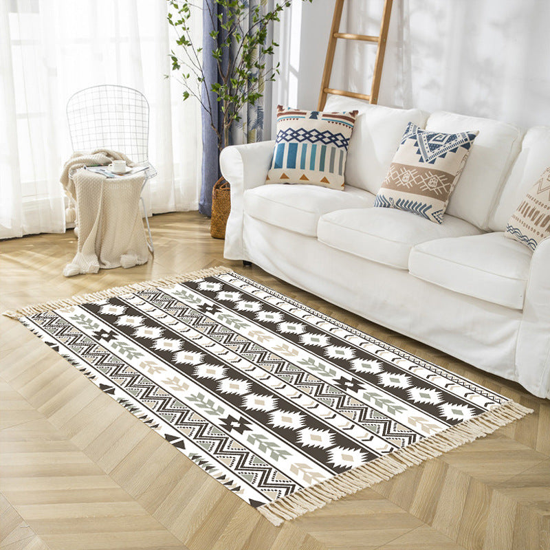 Stylish Beige Bohemian Area Rug Polyester Americana Pattern Carpet Fringe Indoor Rug for Living Room