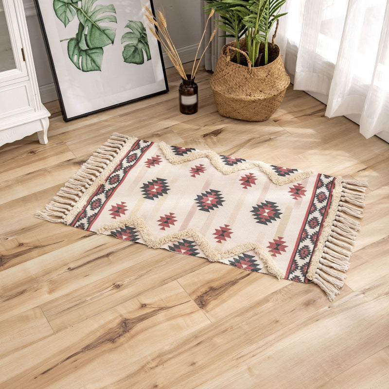 Fancy Beige Bohemian Carpet Polyester Americana Pattern Area Rug Fringe Rug for Home Decoration