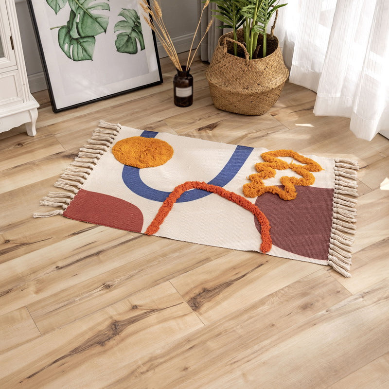 Fancy Beige Bohemian Carpet Polyester Americana Pattern Area Rug Fringe Rug for Home Decoration