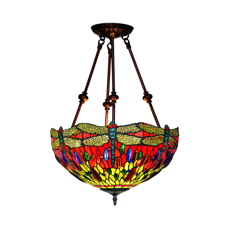 Dragonfly Red/Orange Cut Glass Semi Flush Mount Tiffany Style 2 Lights Bronze Ceiling Fixture for Living Room