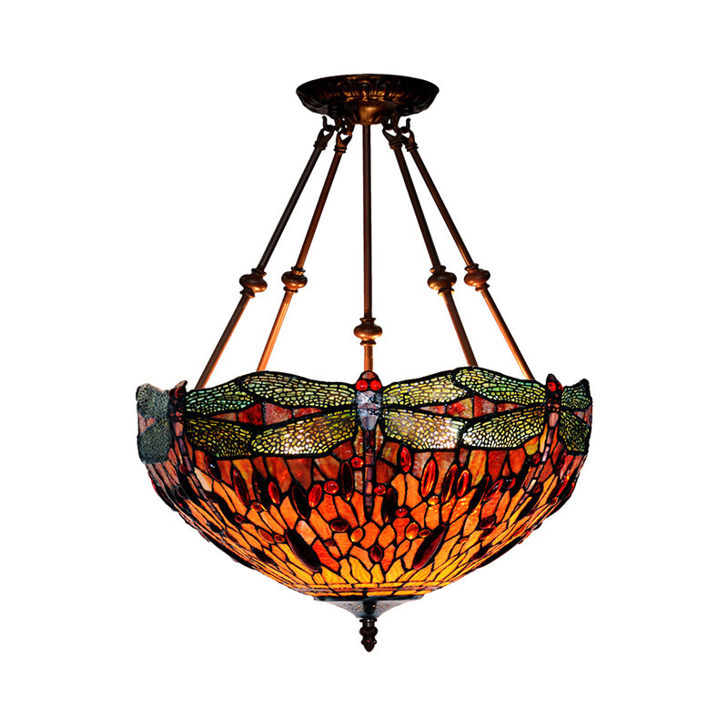 Dragonfly Red/Orange Cut Glass Semi Flush Mount Tiffany Style 2 Lights Bronze Ceiling Fixture for Living Room