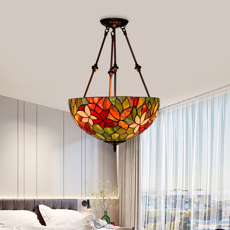 Blossom Semi-Flush Mount 3 Lampen Rood/Oranje/Groen Gekleurd Glas Victorian Plafond Light Fixture voor Keuken