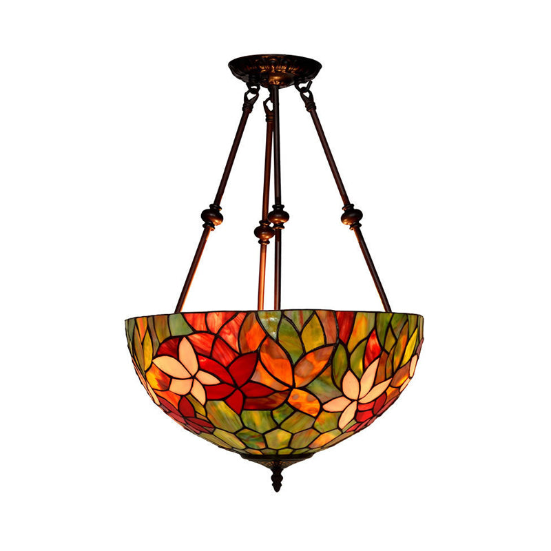 Blossom Semi-Flush Mount 3 Lights Red/Orange/Green Stained Glass Victorian Ceiling Light Fixture for Kitchen