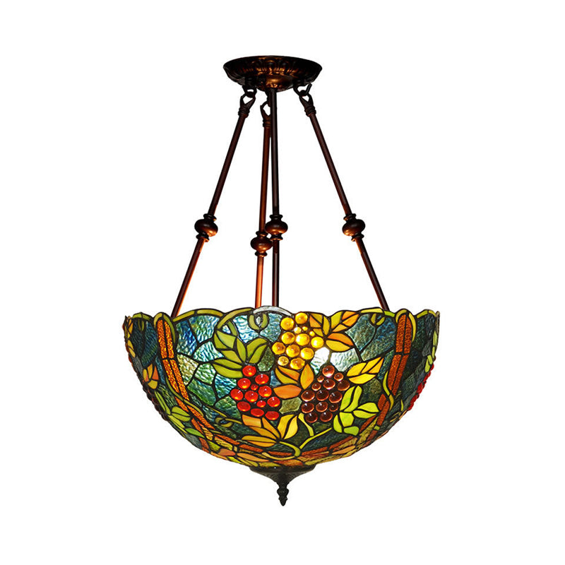 Blossom Semi-Flush Mount 3 Lights Red/Orange/Green Stained Glass Victorian Ceiling Light Fixture for Kitchen