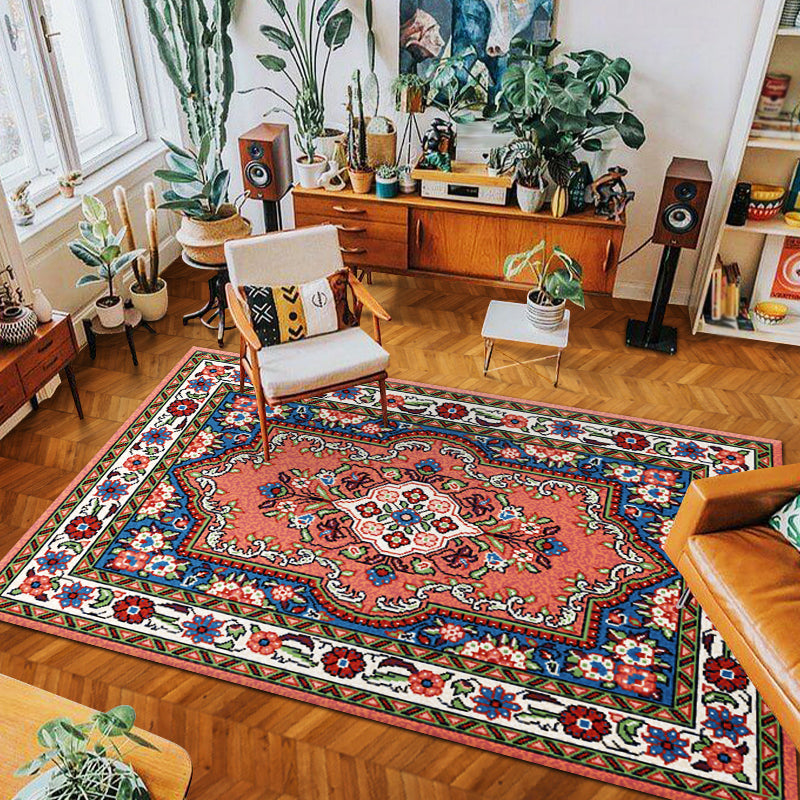 Red Tone Vintage Area Rug Polyester Ethnic Print Rug Non-Slip Backing Indoor Rug for Living Room