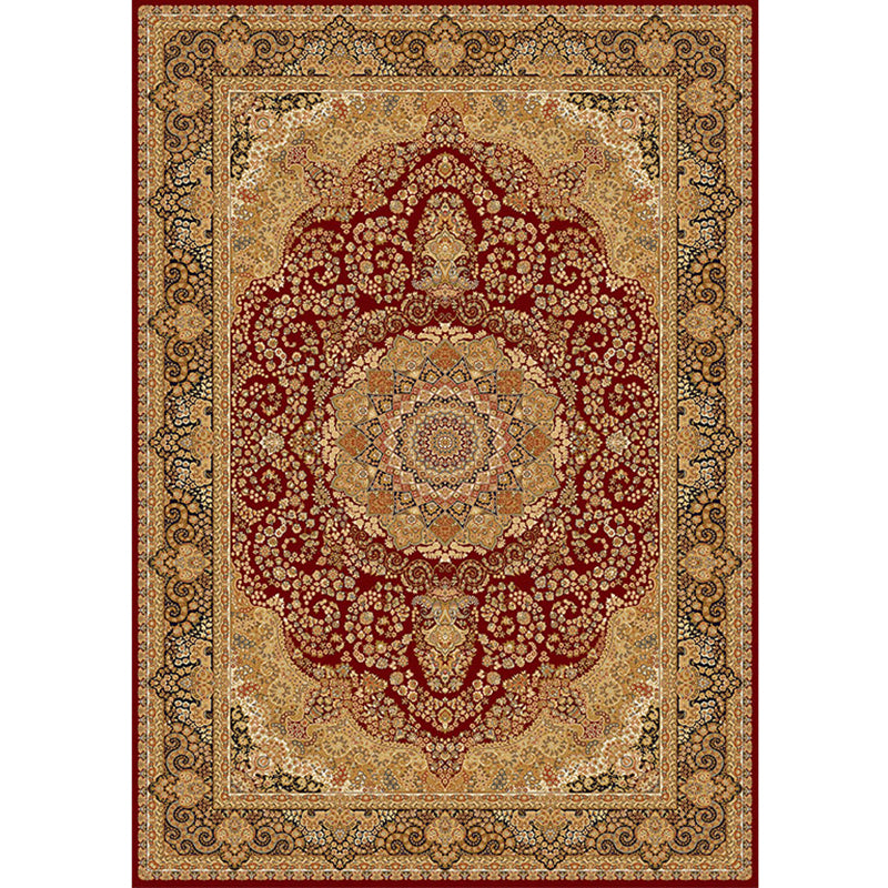 Red Tone Floral Print Rug Polyester Antique Carpet Non-Slip Backing Indoor Rug for Home Decoration