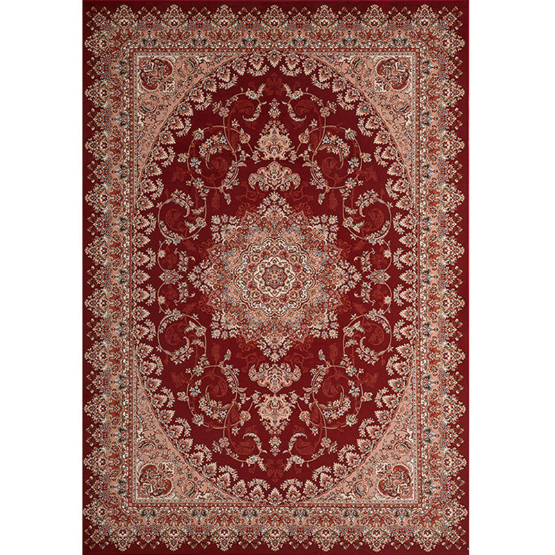 Red Tone Floral Print Rug Polyester Antique Carpet Non-Slip Backing Indoor Rug for Home Decoration