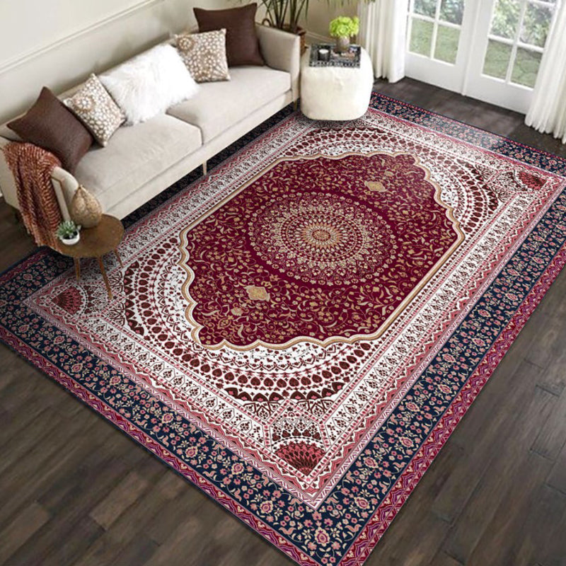 Dark Color Classical Indoor Rug Polyester Floral Print Carpet Anti-Slip Backing Rug for Home Decor