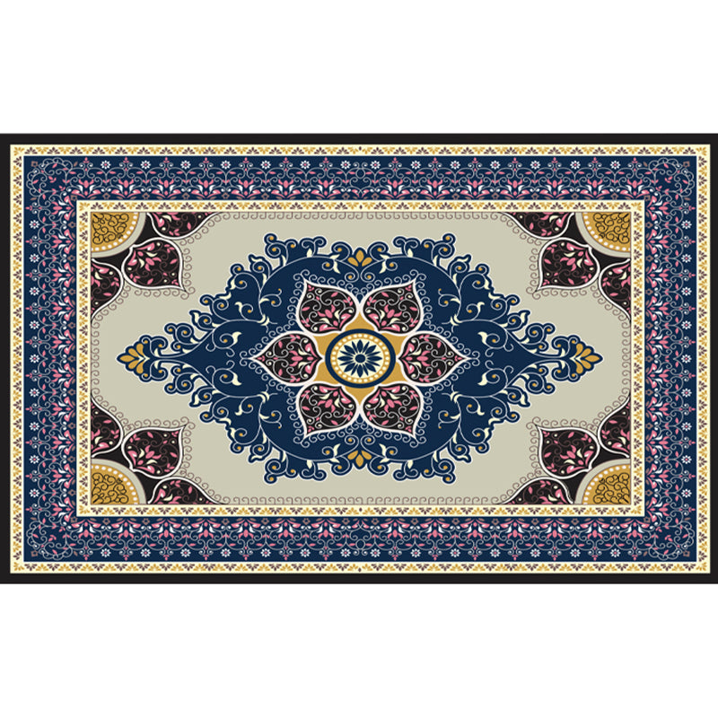 Dark Color Classical Indoor Rug Polyester Floral Print Carpet Anti-Slip Backing Rug for Home Decor