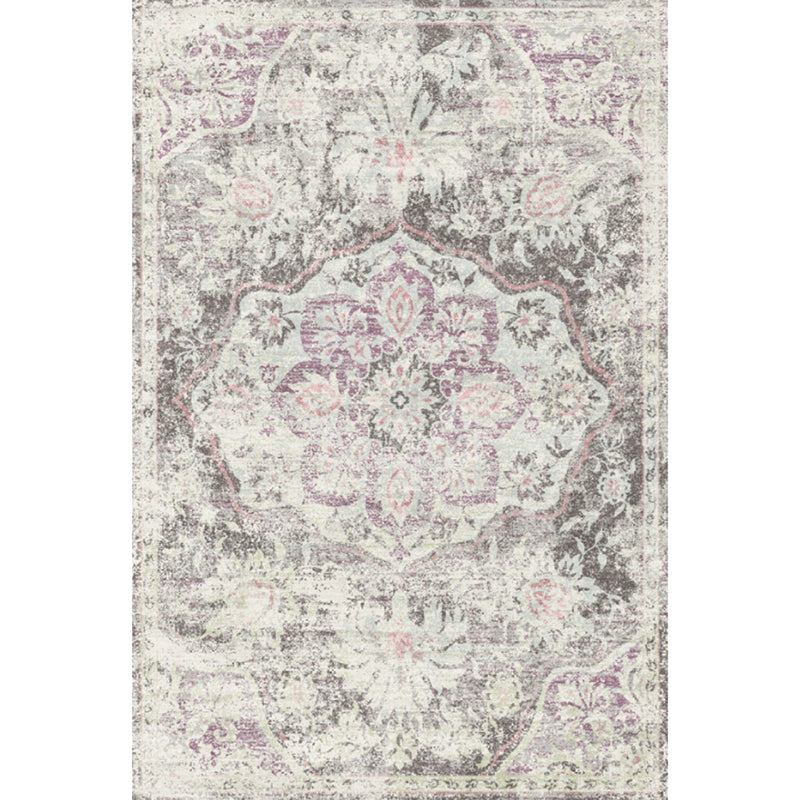 Antique Medallion Carpet White Tone Polyester Rug Non-Slip Backing Carpet for Home Decoration