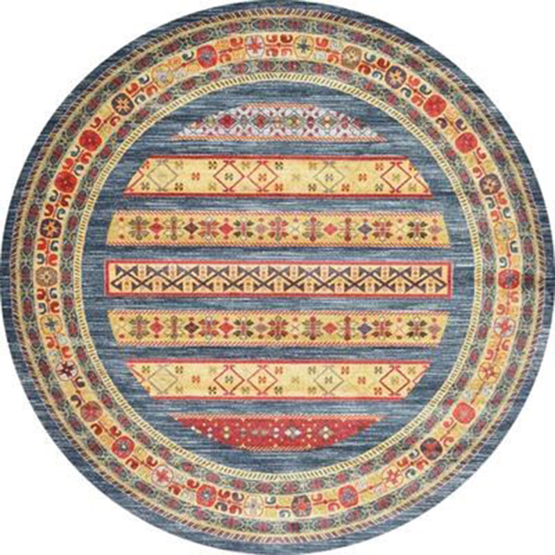 Round Retro Ethnic Print Carpet Light Color Polyester Rug Non-Slip Backing Carpet for Home Decor