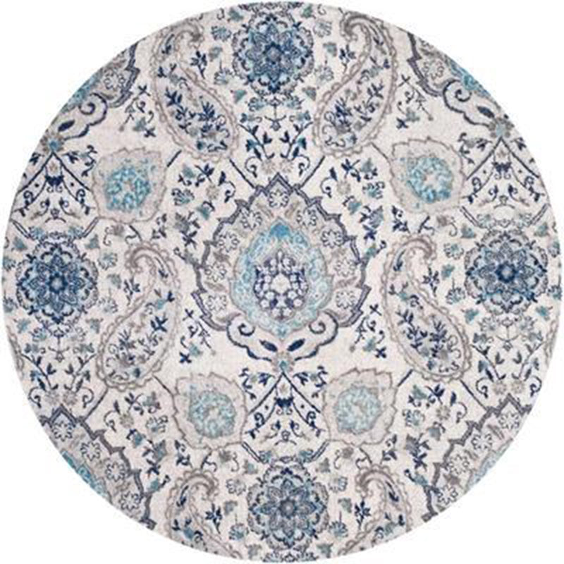 Round Retro Ethnic Print Carpet Light Color Polyester Rug Non-Slip Backing Carpet for Home Decor