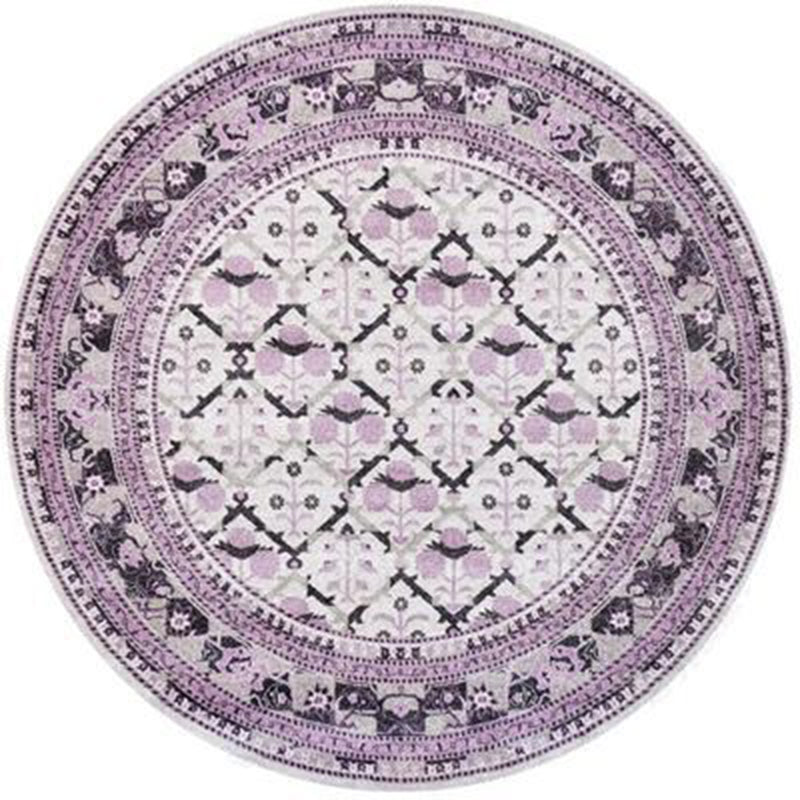 Round Retro Ethnic Print Carpet Light Color Polyester Rug Non-Slip Backing Carpet for Home Decor