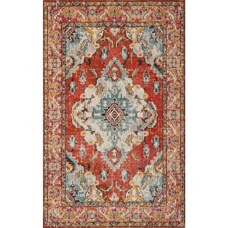 Retro Symmetrical Pattern Carpet Red Tone Polyester Rug Non-Slip Backing Carpet for Living Room