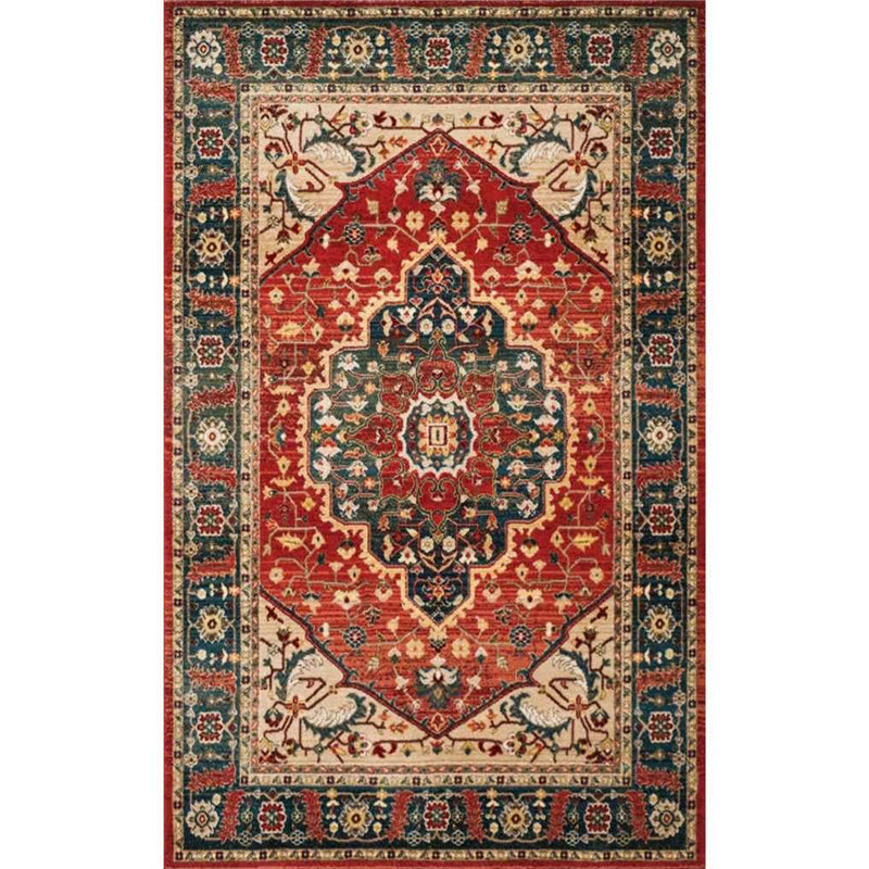 Retro Symmetrical Pattern Carpet Red Tone Polyester Rug Non-Slip Backing Carpet for Living Room