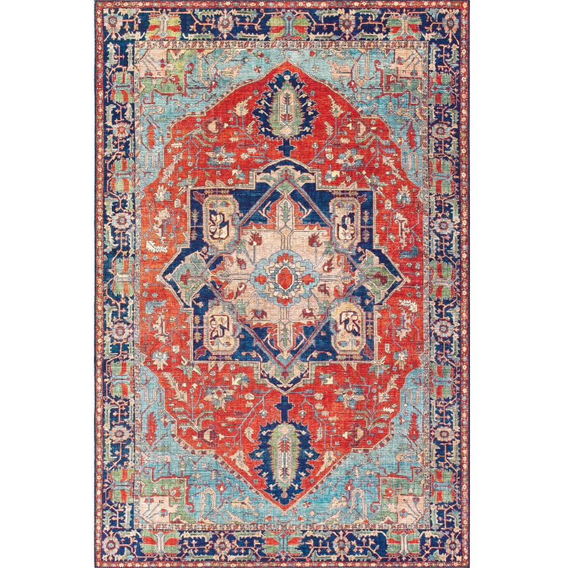 Retro Symmetrical Pattern Carpet Red Tone Polyester Rug Non-Slip Backing Carpet for Living Room