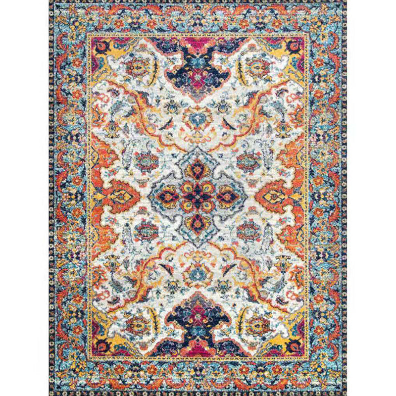 Retro Symmetrical Pattern Carpet Red Tone Polyester Rug Non-Slip Backing Carpet for Living Room