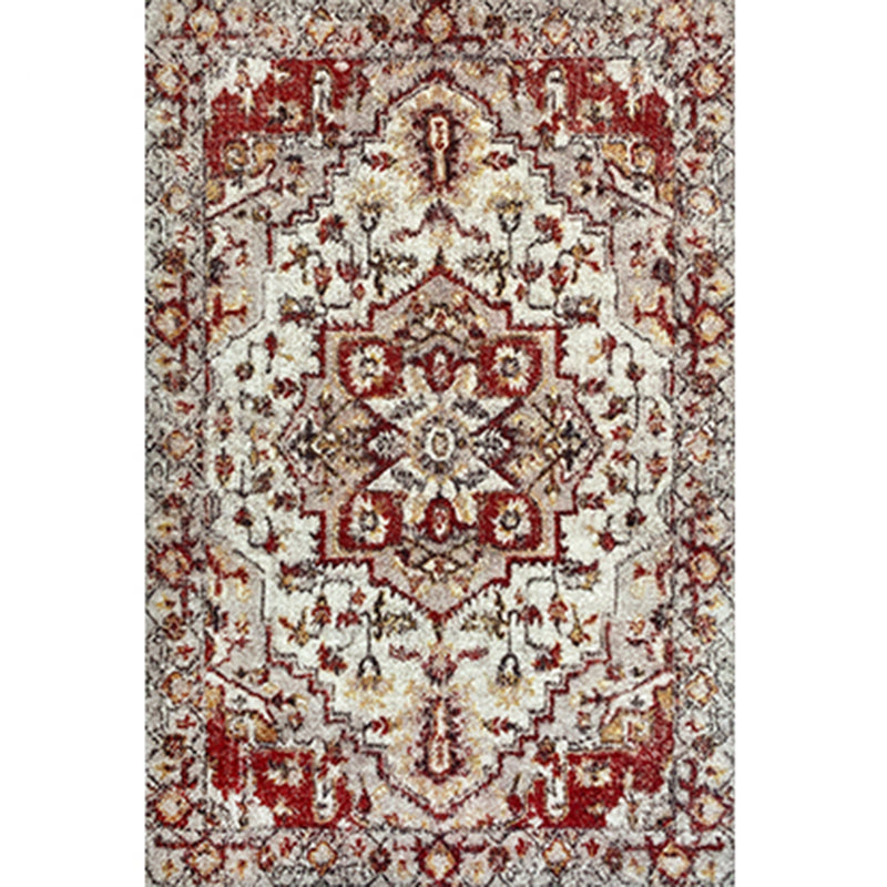 White Tone Ethnic Print Rug Polyester Antique Carpet Non-Slip Backing Indoor Rug for Home Decoration