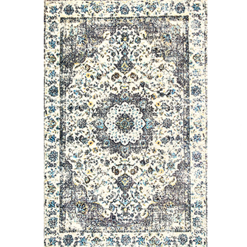 White Tone Ethnic Print Rug Polyester Antique Carpet Non-Slip Backing Indoor Rug for Home Decoration