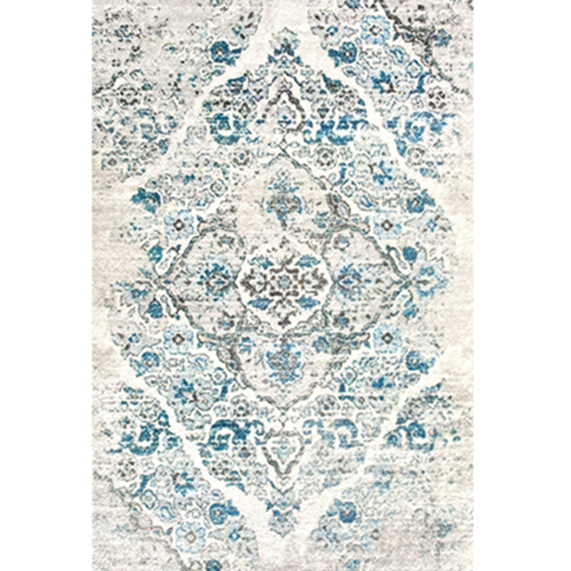 White Tone Ethnic Print Rug Polyester Antique Carpet Non-Slip Backing Indoor Rug for Home Decoration