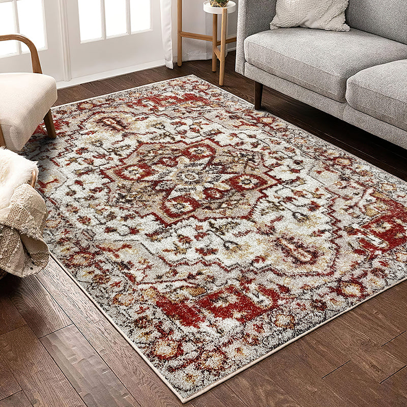White Tone Ethnic Print Rug Polyester Antique Carpet Non-Slip Backing Indoor Rug for Home Decoration