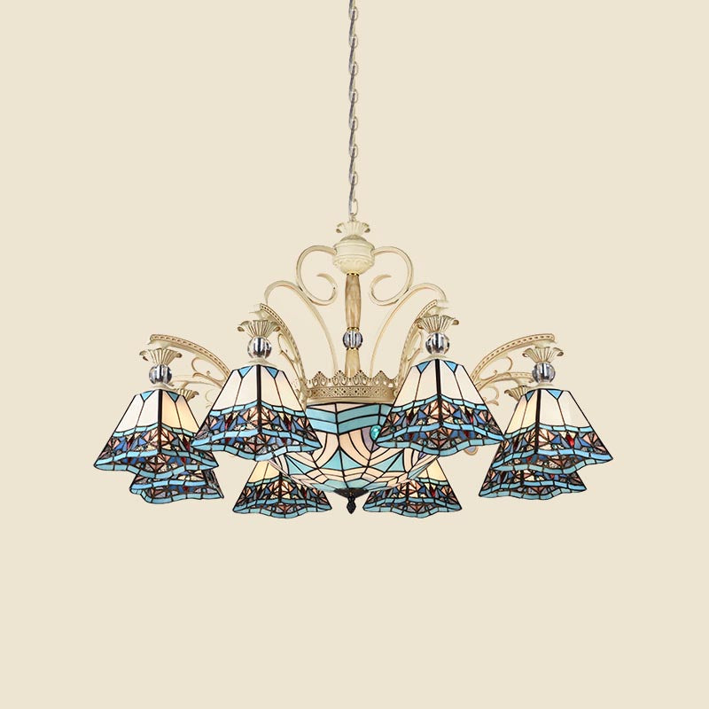 Stained Glass Blue Chandelier Light Fixture Pyramid 11 Lights Baroque Ceiling Suspension Lamp