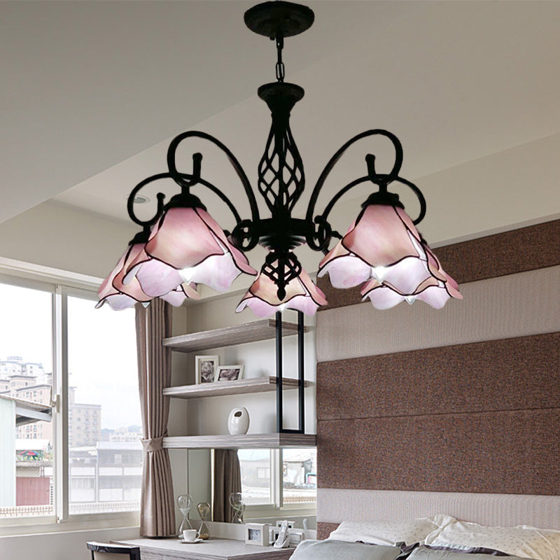 Petal Chandelier Lighting Ayémordage Tiffany Pink / Blue Verre 5/8 Lumières Plafond noir Light For Bedroom