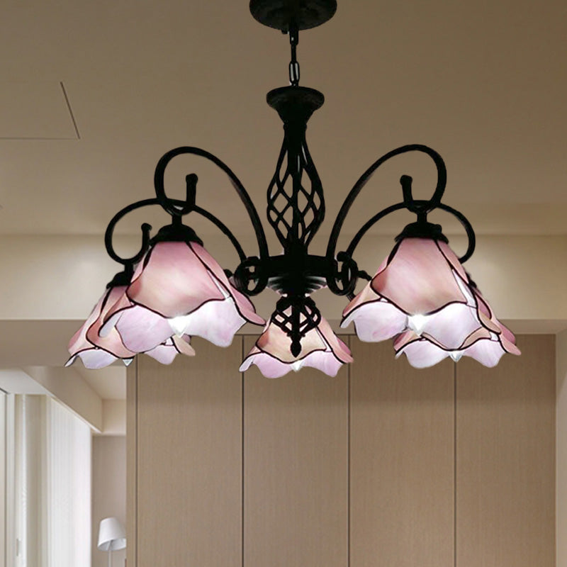 Petal Chandelier Lighting Ayémordage Tiffany Pink / Blue Verre 5/8 Lumières Plafond noir Light For Bedroom