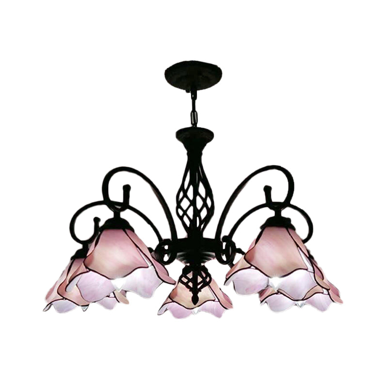 Petal Chandelier Lighting Fixture Tiffany Pink/Blue Glass 5/8 Lights Black Ceiling Pendant Light for Bedroom