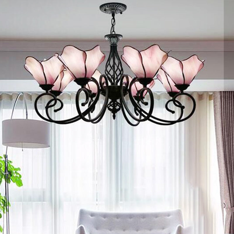 Petal Chandelier Lighting Fixture Tiffany Pink/Blue Glass 5/8 Lights Black Ceiling Pendant Light for Bedroom