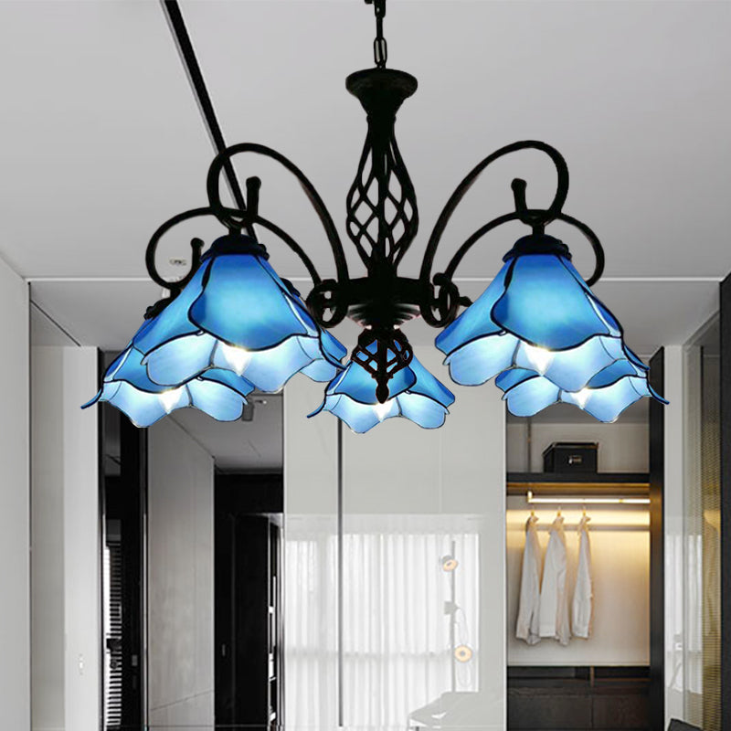 Petal Chandelier Lighting Ayémordage Tiffany Pink / Blue Verre 5/8 Lumières Plafond noir Light For Bedroom