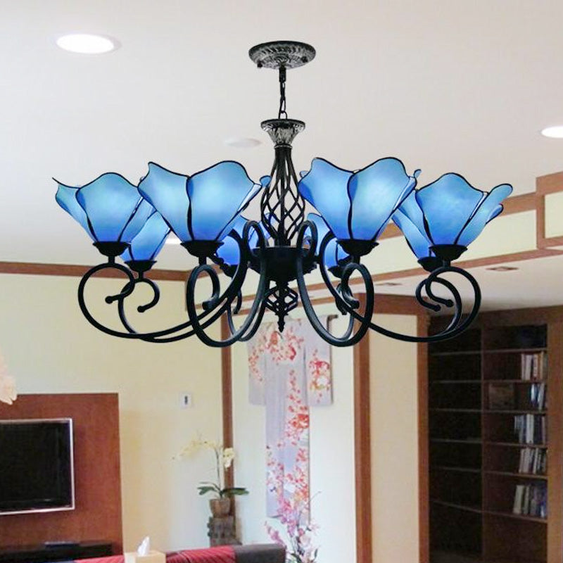 Petal Chandelier Lighting Fixture Tiffany Pink/Blue Glass 5/8 Lights Black Ceiling Pendant Light for Bedroom