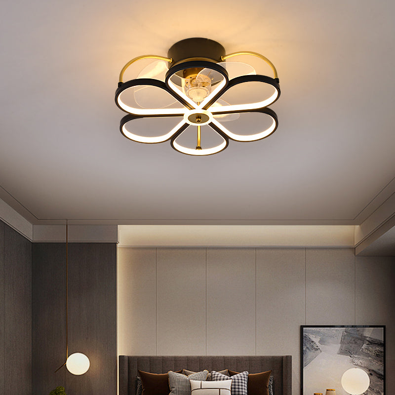 Minimalist Flower Semi Flush Mount Lamp Metal Living Room LED Ceiling Fan Light Fixture