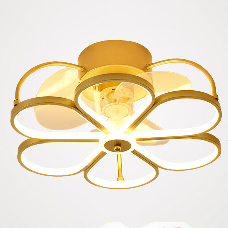 Minimalist Flower Semi Flush Mount Lamp Metal Living Room LED Ceiling Fan Light Fixture