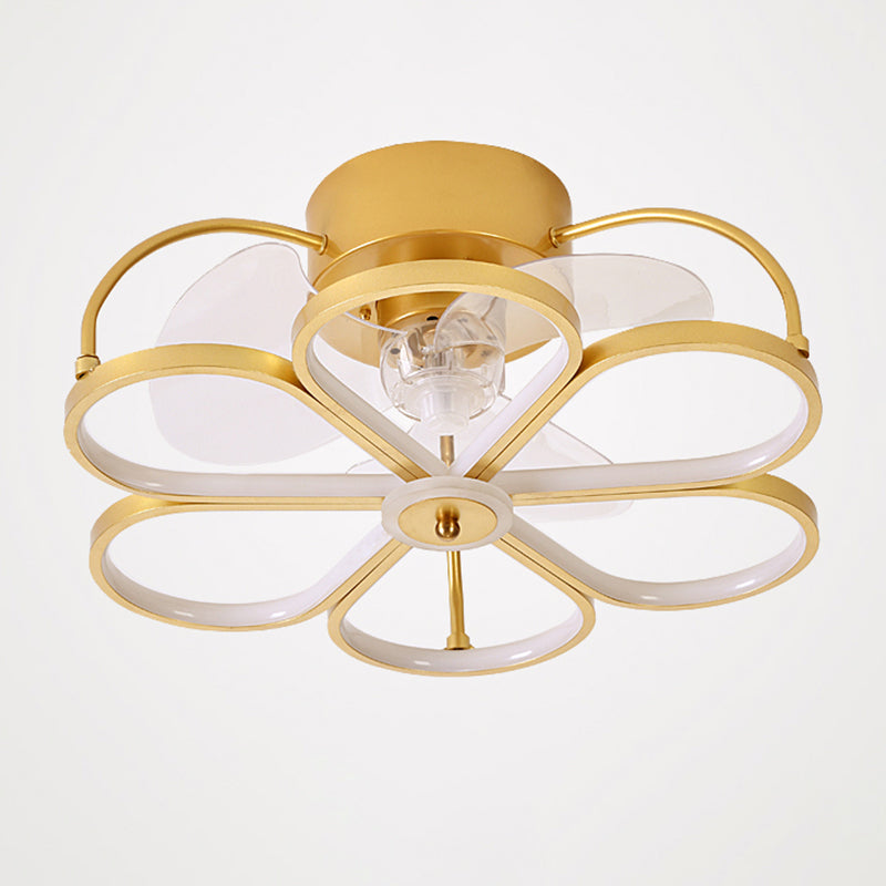 Minimalist Flower Semi Flush Mount Lamp Metal Living Room LED Ceiling Fan Light Fixture