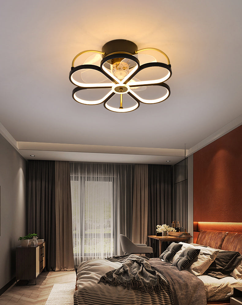 Minimalist Flower Semi Flush Mount Lamp Metal Living Room LED Ceiling Fan Light Fixture