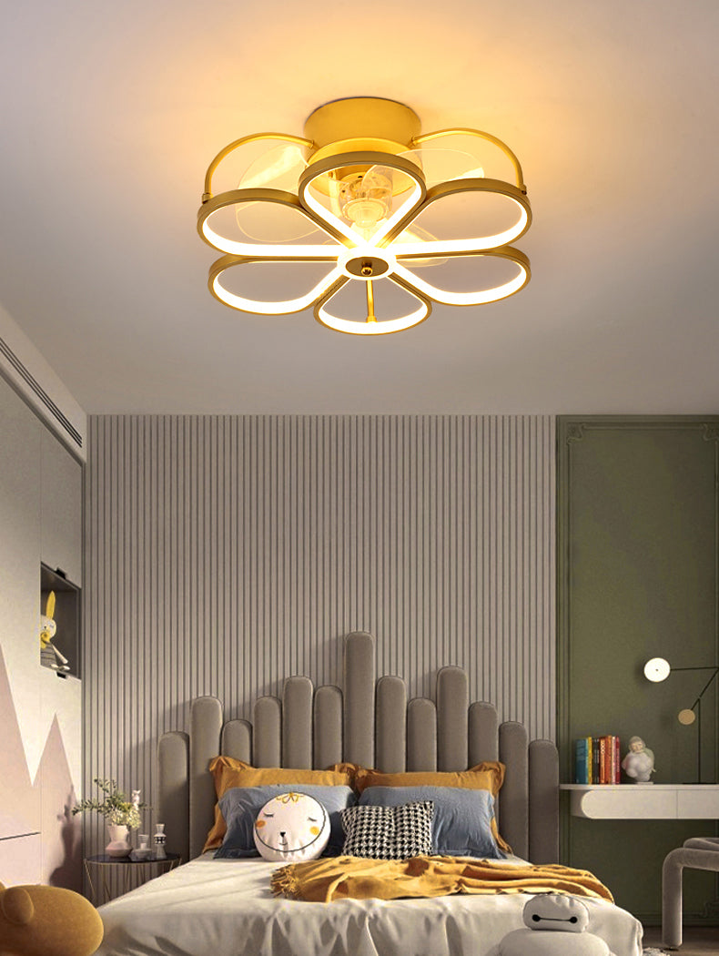 Minimalist Flower Semi Flush Mount Lamp Metal Living Room LED Ceiling Fan Light Fixture