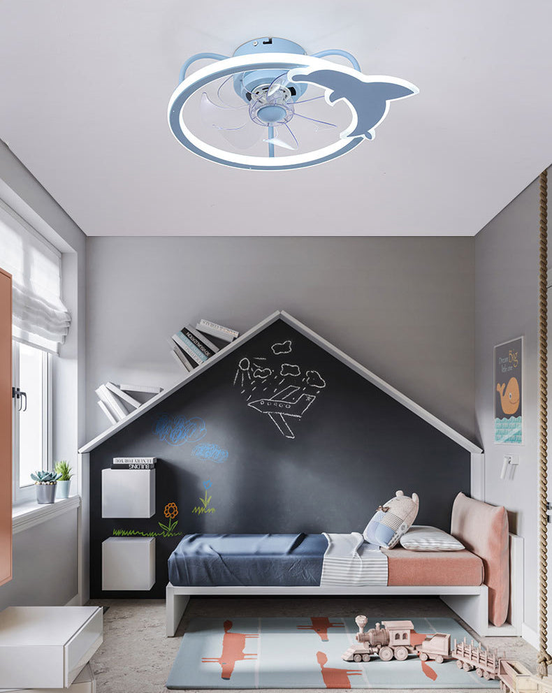 Cartoon LED Semi Flush Lamp Circular Ceiling Fan Light with Acrylic Shade for Child Room