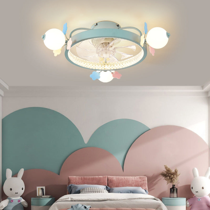 Macaron Circular Ceiling Fan Light Fixture Metal Childrens Bedroom LED Semi Flush Mount