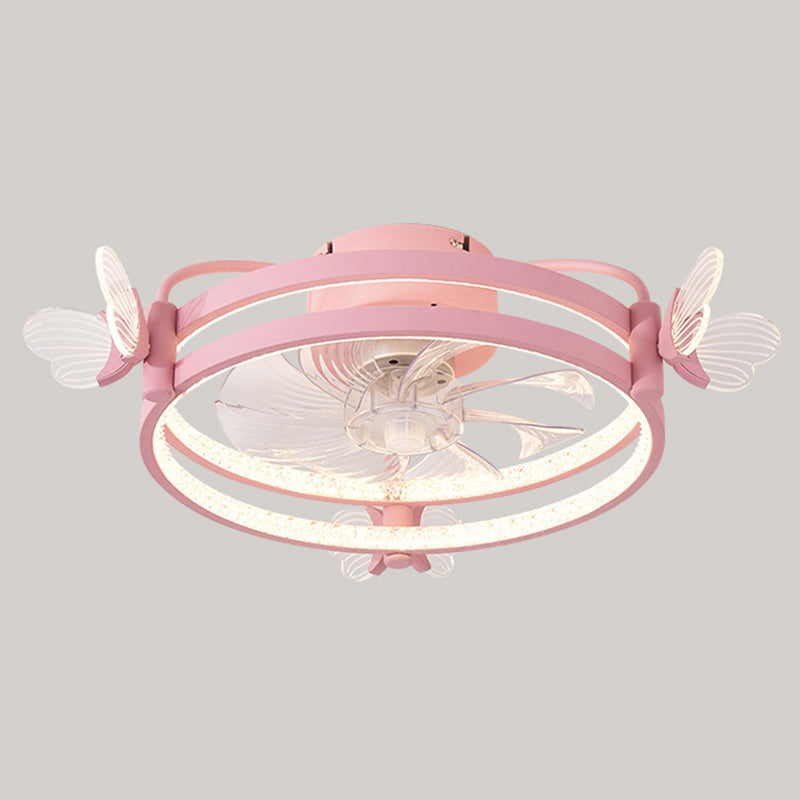 Macaron Circular Ceiling Fan Light Fixture Metal Childrens Bedroom LED Semi Flush Mount